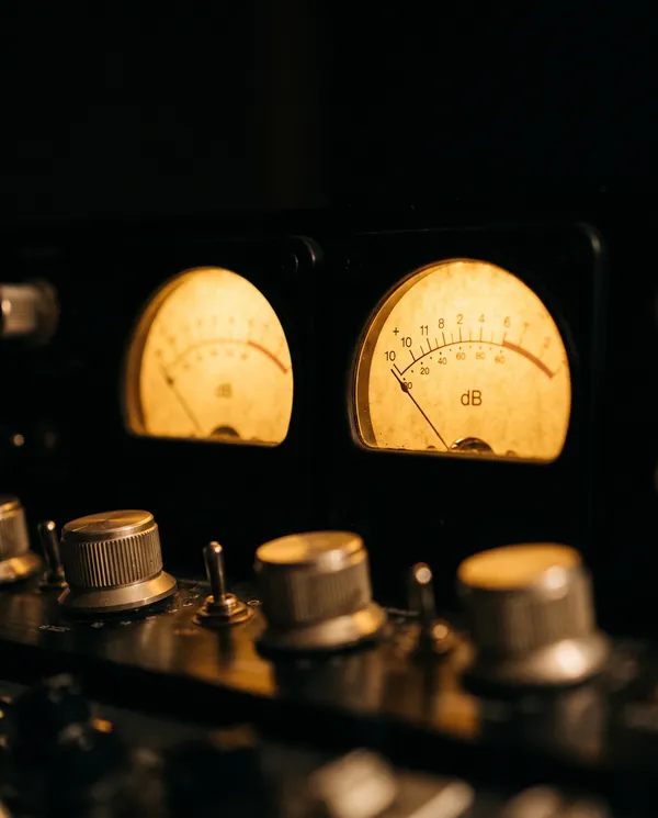 Vúmetros analógicos iluminados en ámbar en un compresor de mastering
