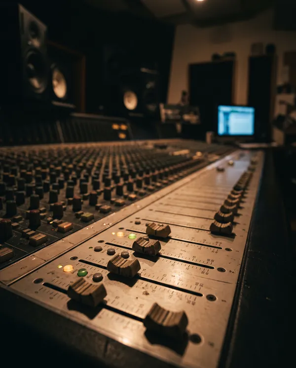 Faders de una consola de mezcla en un cuarto de control a oscuras